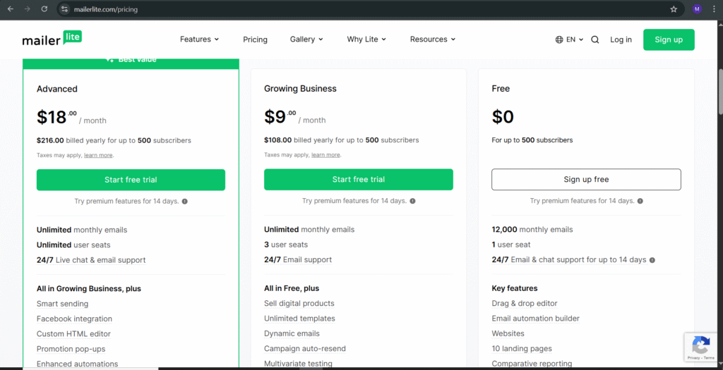 MailerLite Pricing Plans